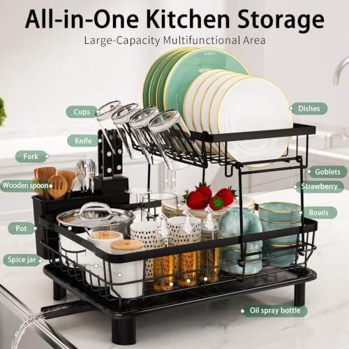 2-Tier Multifunctional Dish Drying Rack, Sturdy and Space-Saving