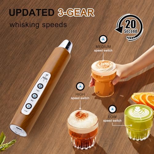 YUSWKO Wood Grain Handheld Milk Frother Wand for Coffee, Rechargeable Electric Whisk with 3 Heads 3 Speeds Drink Mixer Coffee Frother For Latte, Cappuccino, Hot Chocolate, Egg - Image 4