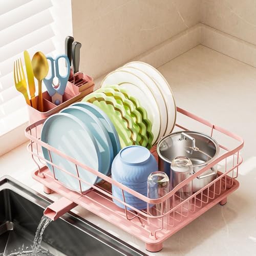Auto Drain Metal Dish Drying Rack Dish Drainers, Pink
