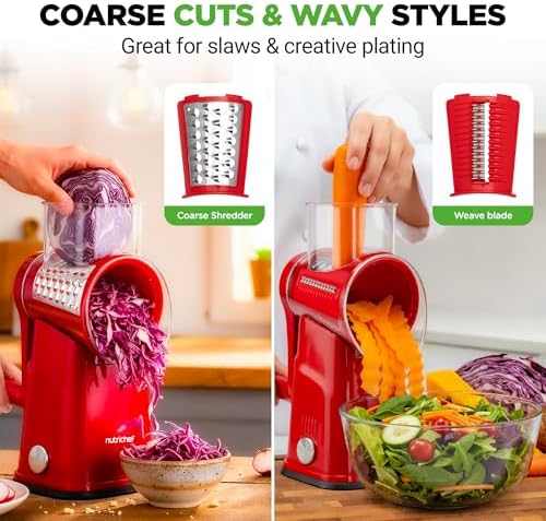 5 in 1 Cheese Grater & Shredder | 5 Different Blades for Thin, Thick, Julienne Strips, Wavy, & Straight Strips | Includes Hand Crank, Strong Suction Base & Storage Container | Red