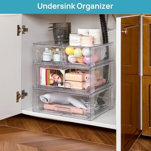 Clear Stackable Storage Drawers, 3 Pack Wide Organizer Set