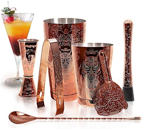 Bartender Kit Cocktail Shaker Set-6 Pieces Stainless Steel Copper Plated Etching Bar Tools with Boston Shaker Tins,Mixing Spoon,Mojito Muddler,Jigger,Hawthorne Strainer,Ice Tongs