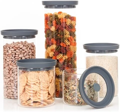 Glass Kitchen Storage Containers with Airtight Silicone Lids, BPA-Free Pantry Glass Jars with Airtight Lid for Pantry Meal Prep, Pasta and Food – Set of 5 with Portion Tool
