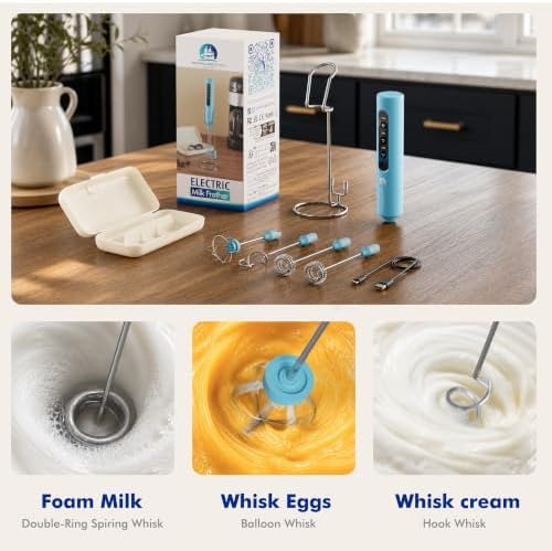 Rechargeable Milk Frother with Stand, 4 Interchangeable Whisks & Travel Case – Handheld Mixer for Lattes, Matcha, Hot Chocolate, Eggs & Protein Shakes - Image 4