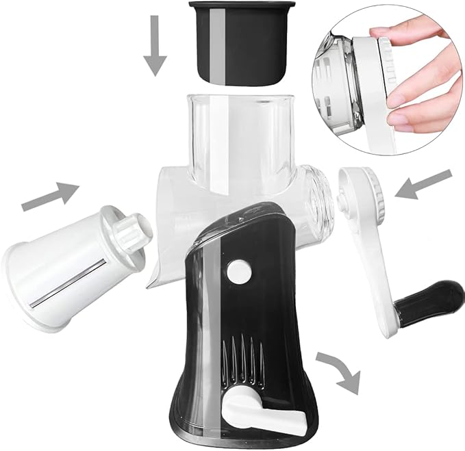 Rotary Cheese Grater Shredder 5-in-1 Tumbling Box Mandoline Vegetable Julienne Slicer Waffle Cutter Nut Chopper, Black