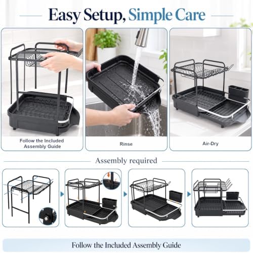 2 Tier Dish Drying Rack, Dish Drainer with Drainboard Set, Black