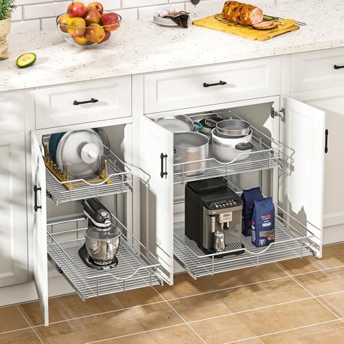 2-Tier Kitchen Cabinet Pullout Shelf and Drawer Organizer, Soft Close Pantry Pull Out Shelves, Heavy Duty Pull Out Cabinet Organizer with Shelf Liner for Kitchen Cabinets, Pantry Storage