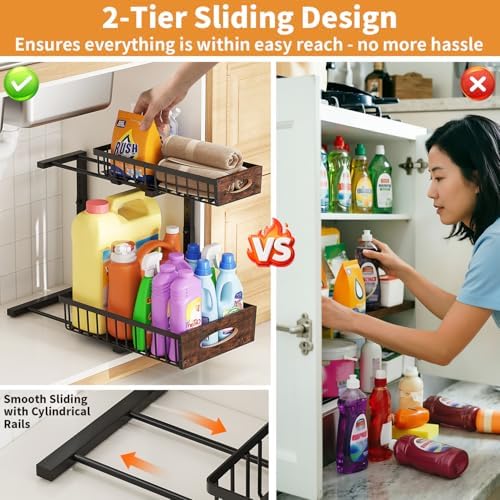 2-Tier Under Sink Organizer with Wooden Drawer Handle, 2 Pack Adjustable Height Pull Out Cabinet Organizer Shelf,Slide out Storage Drawer Rack for Kitchen Bathroom Laundry Room Pantry
