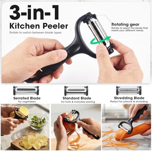 Knife Set, Kitchen Knife Set with Block, 7 Pcs Kitchen Knife Set with 3-in-1 Peeler, Knife Block Set Compact Stainless Steel Knives with Wood Grain Finish Handles, Space Saving Kitchen Essentials