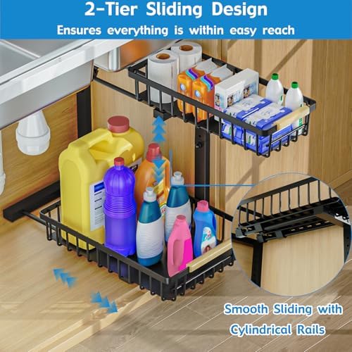 2Pcs Under Sink Organizer, 2-Tier Pull Out Under Sink Organizers and Storage, Adjustable Metal Under Cabinet Organizer Shelf, Bathroom Organizer, Sliding Out Drawer for Kitchen Pantry Black