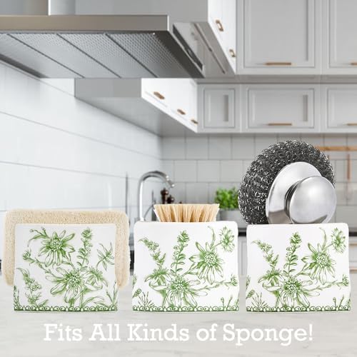 Green Garden Toile De Jouy Ceramic Kitchen Sponge Holder for Countertop Sink, Sponge Caddy, Decorative Dish Sponge and Scrubber Rack