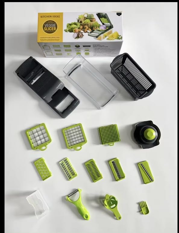 Pro Multifunctional Vegetable Chopper - 16 in 1 Food Chopper With 8 Blades, Slicer, Dicer, Cutter for Onions, Carrots, Garlic - Container Included