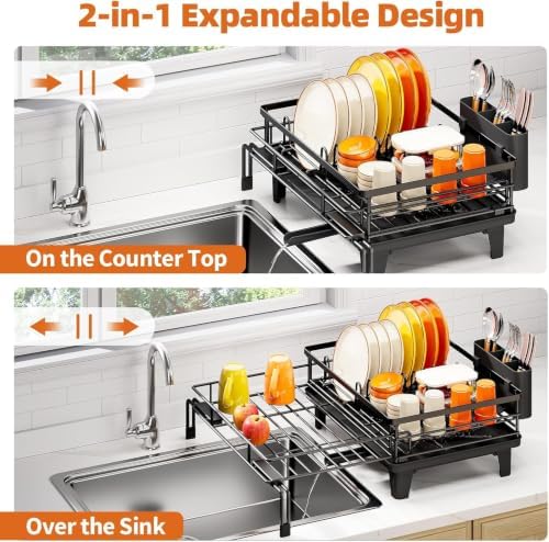 Expandable Sink Dish Drying Rack for Kitchen Counter, 1-Tier Black