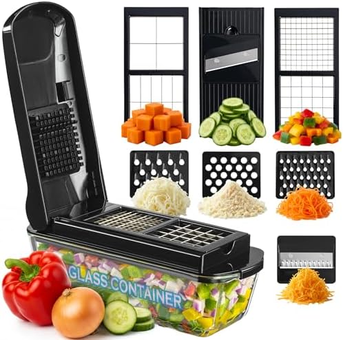 Le'raze 13-in-1 Vegetable Chopper Pro with Glass Container, Stainless Steel Blades, BPA-Free, Mandoline Slicer, Manual by LERAZE