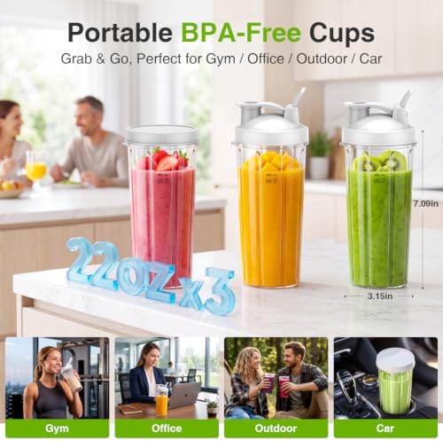 KOIOS Personal Blender for Smoothies with 3 x 22oz To-go Cups, BL319B White - Image 3