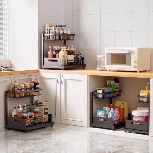 2-Pack L-Shaped Under Sink Organizer, 2-Tier Pull-out Cabinet Rack
