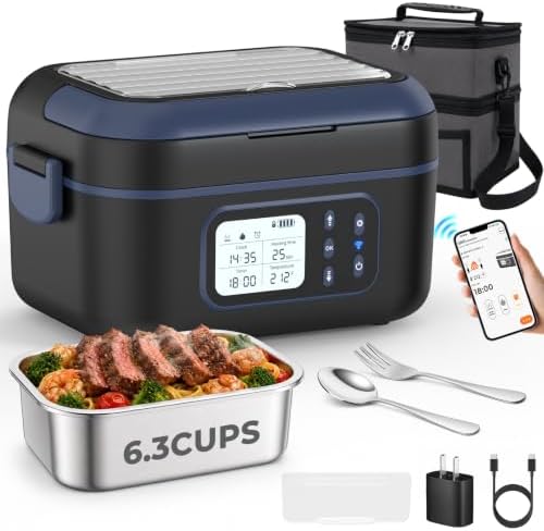 Cordless Electric Lunch Box for Adults with APP Control, 27000mAh Battery Powered, 1.5L Portable Timer & Leak-Proof Warmer, Smart for Men Work Travel Truck (Black)