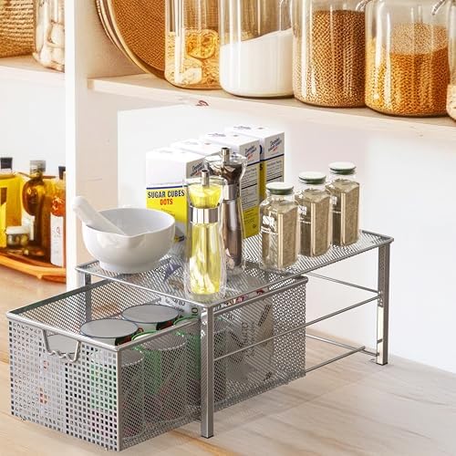 Stackable Pull Out Cabinet Sliding Basket with Divider, Large