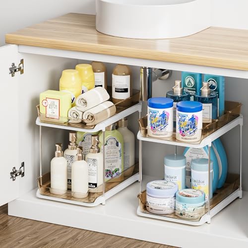 2-Tier Multi-Purpose Bathroom Under Sink Organizers and Storage, Stackable Kitchen Pantry Organization, Pull Out Medicine Cabinet Organizer with Movable Dividers, Amber, 2 Pack