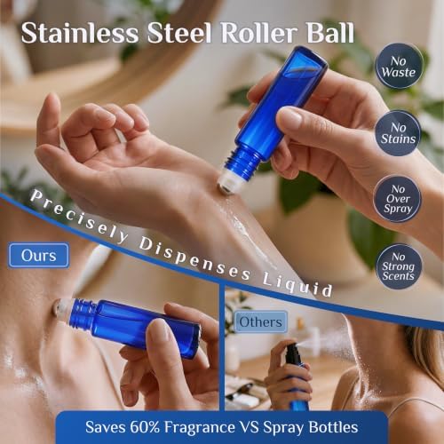 PrettyCare 60 Pack, Bulk 10 ml Essential Oil Roller Bottles with Stainless Steel Roller Ball - Bulk Refillable Leak-proof Empty Thick Blue Glass Roll on Bottles with Black Caps for Travel, Perfume - Image 4