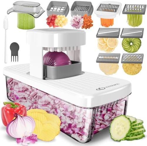8-in-1 Vertical Vegetable Chopper Mandoline Slicer with Container White - Safe Tap Out Dicer with Hand Guard for Kitchen Easy Food Prep, Onion Potato Veggie Fruit