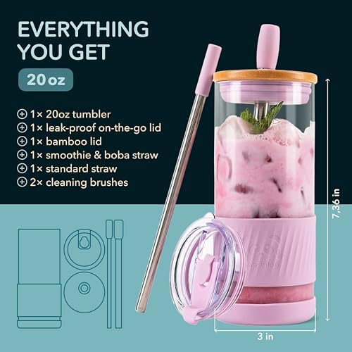 Glass Cups With Lids and Straws -20 Fl Oz- Perfect Size Iced Coffee Cup - Smoothie Cup With Bamboo Lid and On the go Lid - Glass Tumbler With Straw (1 Count (Pack of 1), Lilac Rhapsody)