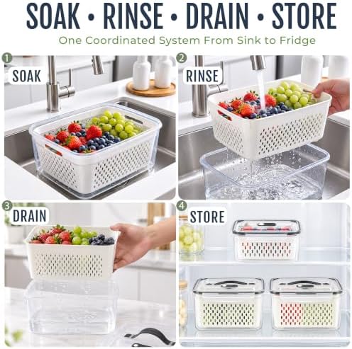 Fruit Storage Containers for Fridge: 3 PCS with Removable Colander, Handle
