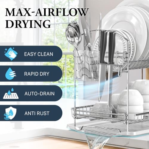 2-Tier Stainless Steel Dish Rack with Drainboard, Chrome