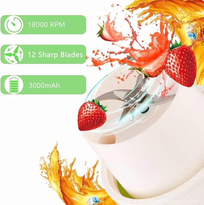 Portable Blender USB Rechargeable, Personal Size Blender for Shakes and Smoothies, Strong Cutting Power with 12 Blades, for Smoothies Shakes Baby Food and Proteins - Home Office Gym Sports and Travel