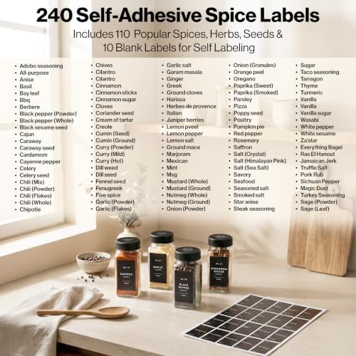Glass Spice Jars with Labels, 24x Matte Black Lids - 4oz Set