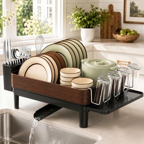 Dish Drying Rack Kitchen Counter — Walnut Look Stainless Steel, 16.6"x12.5"