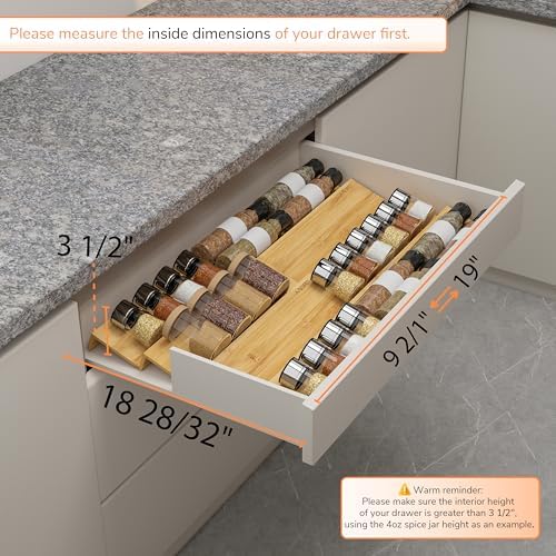 Bamboo Spice Drawer Organizer with Non-slip Mat,4 Tier - 2 Set Jar Spice Rack Tray From 9.5''to 19'', Seasoning Organizer for Kitchen,Cabinet,Drawers,Countertop