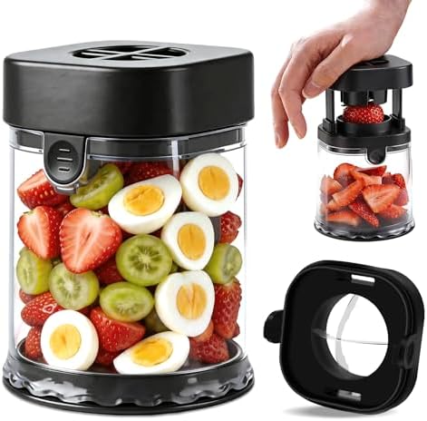 Fruit Slicer Cup, Strawberries,Grapes, Eggs, Cucumber carrot Even Pieces in Seconds - Detachable Cutter with Push Plate (Black) by CEHNCEH