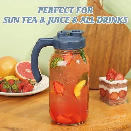 2 Quart Glass Mason Jar Pitchers with Lids, Navy & Yellow, 2 Pack