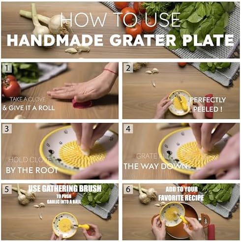Ceramic Garlic Grater Plate - Handmade 4 Pcs Press - Natural Grinder - Decorative Mincer - Ginger, Cheese Grater - Hand Dish (Apple Red)