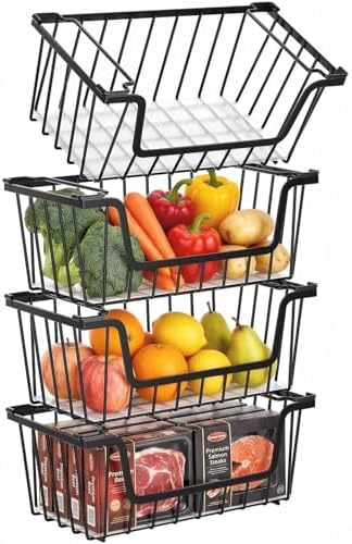 Stackable Storage Bins 4 Pcs Wire Baskets Freezer Organizer, Black