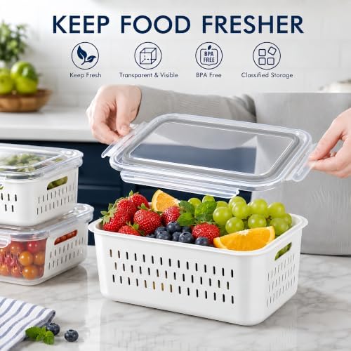 4 Pcs Large Fruit Storage Containers for Fridge Food Storage with Colanders