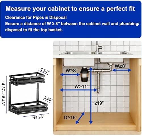 2-Tier Metal L-Shaped Pull-Out Under Sink Organizer, Black, 1 Pack