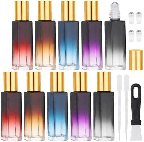 Segbeauty 0.34oz 10pcs Travel Empty Roller Bottles, 10ml Glass Bottle for Essential Oils Applicator, Refillable Travel Size Container Roll on Bottle with Dropper, Liquid Containers for Eye Essence Oil by Segbeauty