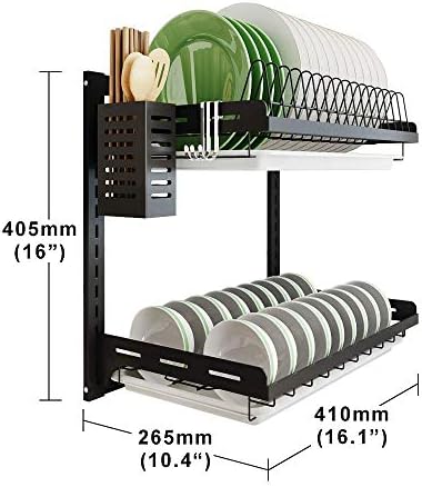 Kitchen Dish Rack,Hanging Dish Drying Rack Organizer Storage Shelf Over Sink,2 Tier Wall Mount Bowl Holder with Drain Tray and Silverware Stainless Steel Black Coating Ajustable Height