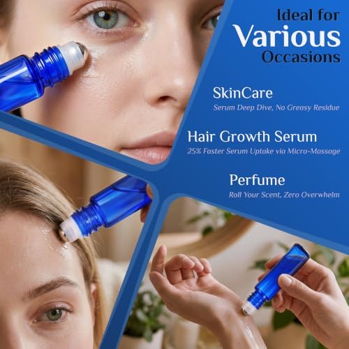 PrettyCare 60 Pack, Bulk 10 ml Essential Oil Roller Bottles with Stainless Steel Roller Ball - Bulk Refillable Leak-proof Empty Thick Blue Glass Roll on Bottles with Black Caps for Travel, Perfume - Image 5
