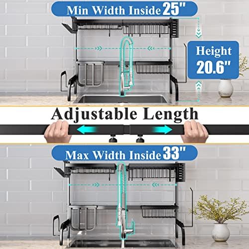 Over The Sink Dish Drying Rack, Adjustable 25.5-33.5 in, 2-Tier, Black