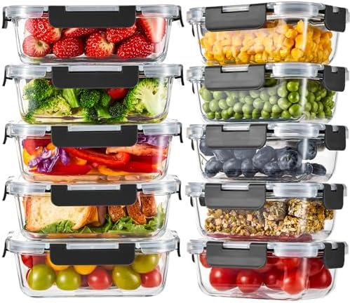 10 Pack Glass Food Storage Containers with Lids, Meal Prep Containers, Airtight Bento Boxes with Leak Proof Locking for Microwave, Oven, Freezer and Dishwasher, BPA Free