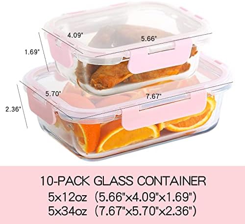 10 Pack Glass Food Storage Containers with Lids Leakproof, Airtight Glass Meal Prep Containers For Lunch, On The Go, Leftover, Dishwasher Safe