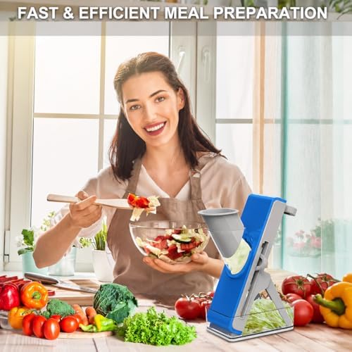 Eletronova Safe Mandoline Slicer for Kitchen, Vegetable Slicer with Container, French Fry Cutter, All in 1 Julienne Slicer for Potato, Thickness Adjustable, Detachable Blade (Dark blue) - Image 2