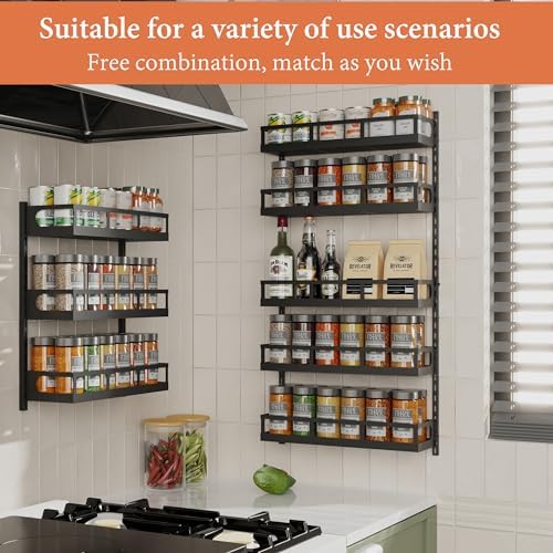 Wall Mount Spice Rack Organizer 5 Tier Height-Adjustable Hanging Spice Shelf Storage for Kitchen Pantry Cabinet, Dual-Use Seasoning Holder Rack with Hooks, Black-Patented