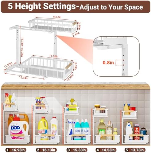 2 Pack Under Sink Organizer, 2 Tier Pull Out Cabinet Organizer with 5-Level Adjustable Height, Sliding Metal Storage Rack for Kitchen Bathroom Pantry, White