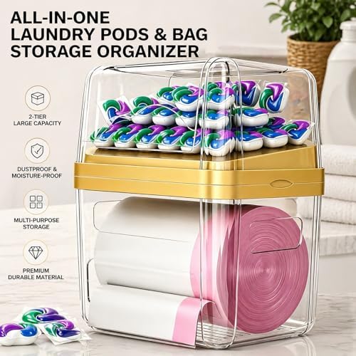 2-in-1 Trash Bag Dispenser & Laundry/Dishwasher Pods Container, Clear Acrylic Garbage Bag Holder with Removable Lids, Under Sink Organizer Kitchen Pantry Storage Box