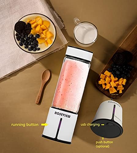 Portable Smoothie Blender ROSEVIEW Glass Cordless Mini Shakes Cup blend for smoothies USB rechargeable juicer 2 battery Handheld Personal travel Jet mixer (Black Steel) (White) - Image 4