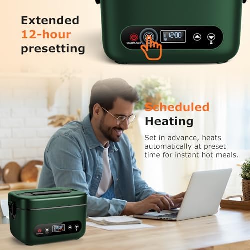 Heated Lunch Box for Adults, 1.2L Self-Heating Food Warmer, Green